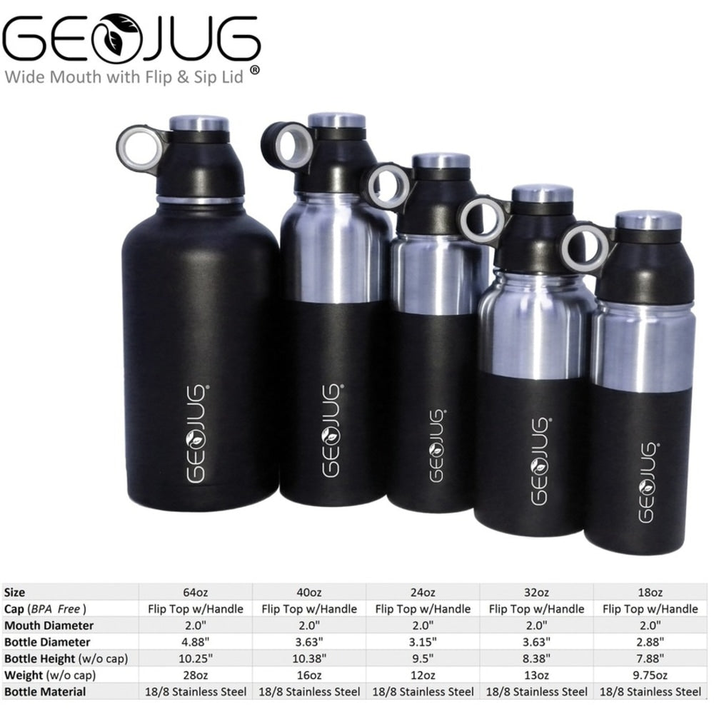 Brentwood GeoJug G-1032BK 32oz Stainless Steel Vacuum Insulated Water Bottle, Black - 1 quart - Black, Silver - Stainless Steel