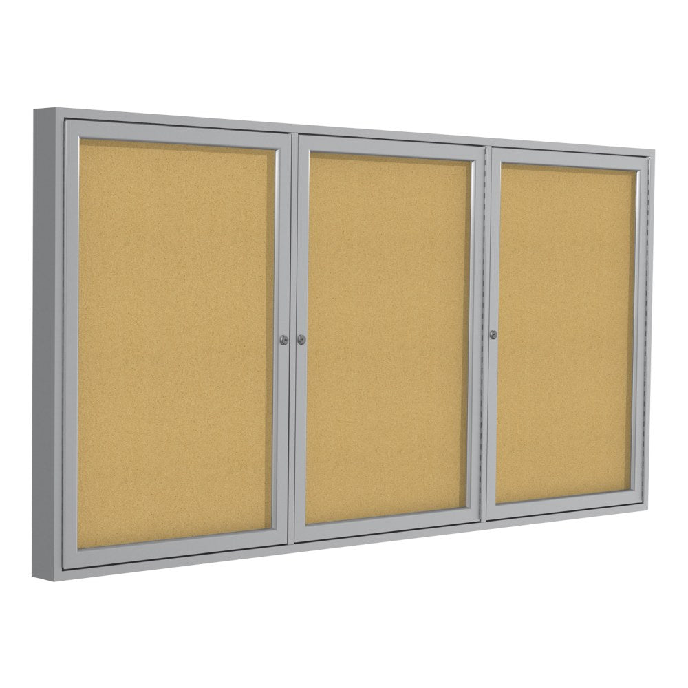 Ghent 3-Door Enclosed Cork Bulletin Board, 48in x 96in, Natural, Satin Aluminum Frame