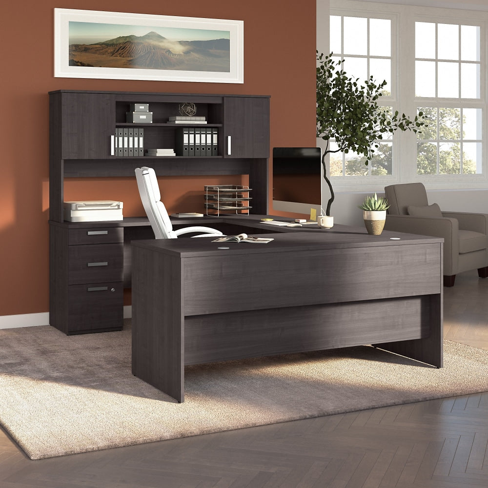 Bestar Ridgeley 65inW U-Shaped Computer Desk With Hutch, Charcoal Maple