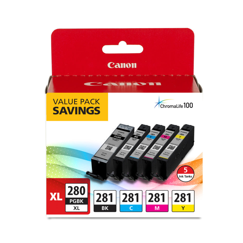 Canon PGI-280XL Black; CLI-281 Black; Cyan; Magenta; Yellow High-Yield Ink Tanks, Pack Of 5