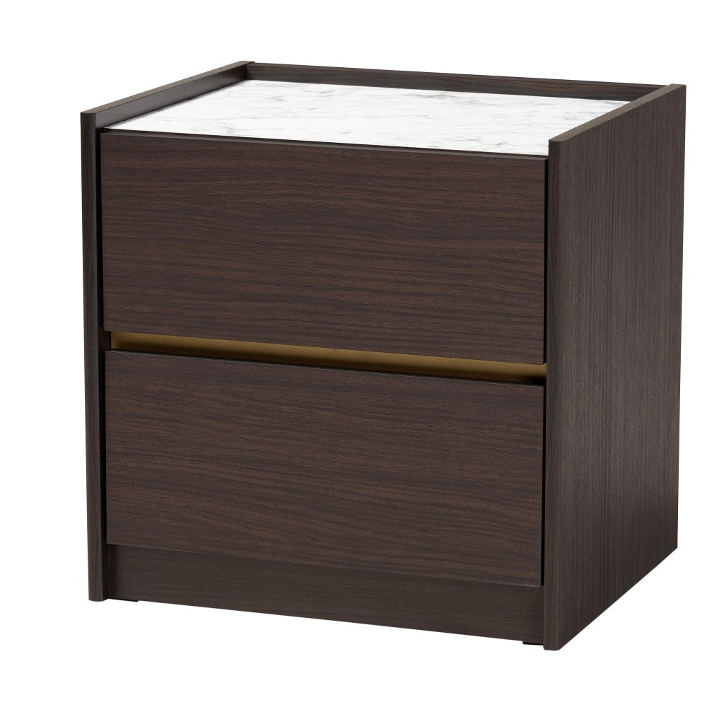 Baxton Studio Walker Nightstand With Faux Marble Top, 18-15/16inH x 18-15/16inW x 15-3/4inD, Dark Brown/Gold