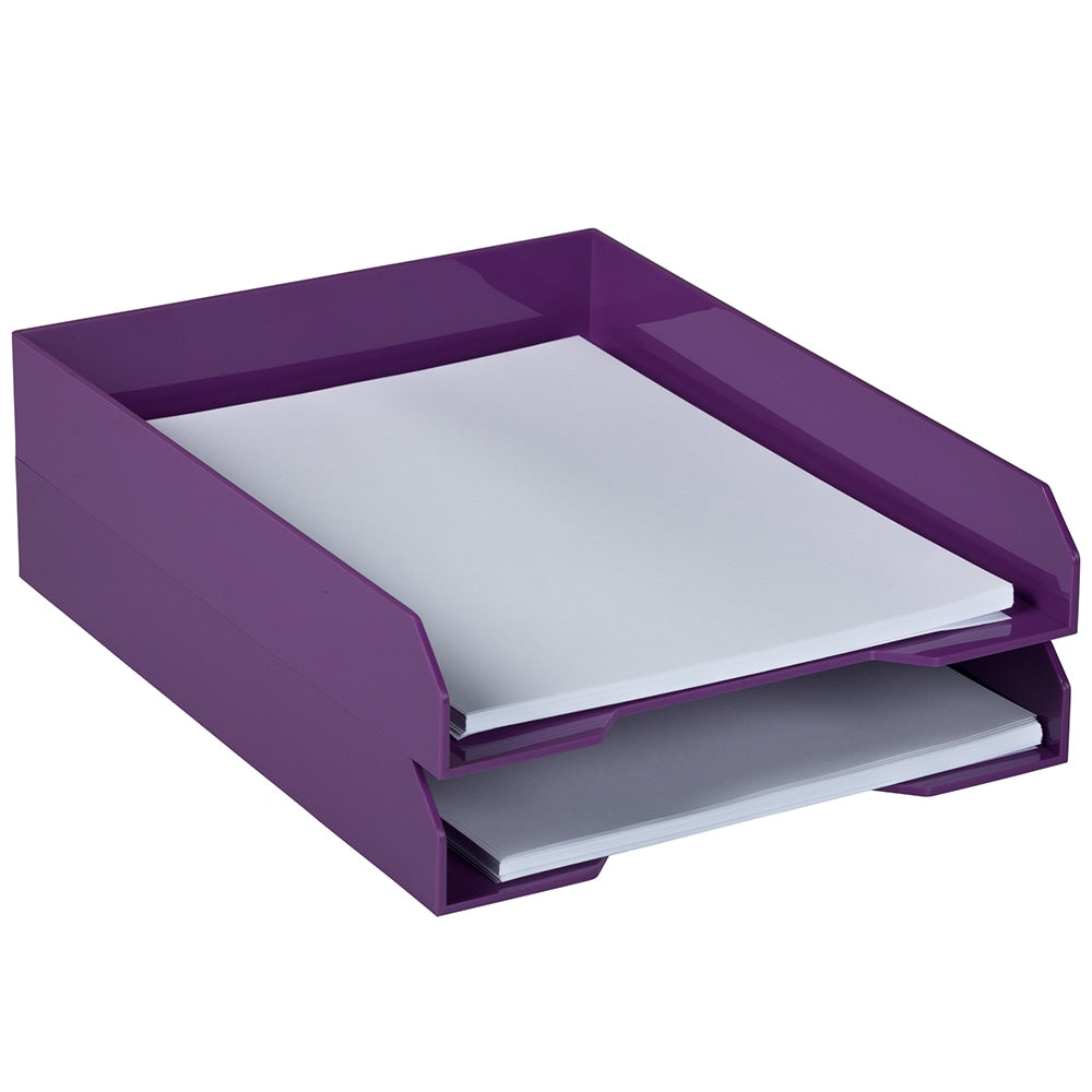 JAM Paper Stackable Paper Trays, 2inH x 9-3/4inW x 12-1/2inD, Purple, Pack Of 2 Trays