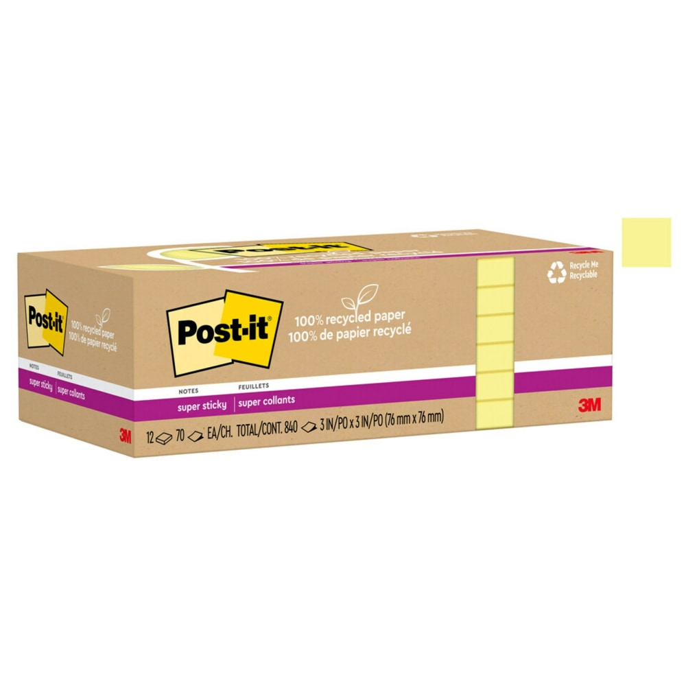 Post-it Super Sticky Recycled Notes, 3 in x 3 in, 12 Pads, 70 Sheets/Pad, 2x the Sticking Power, Canary Yellow, 100% Recycled