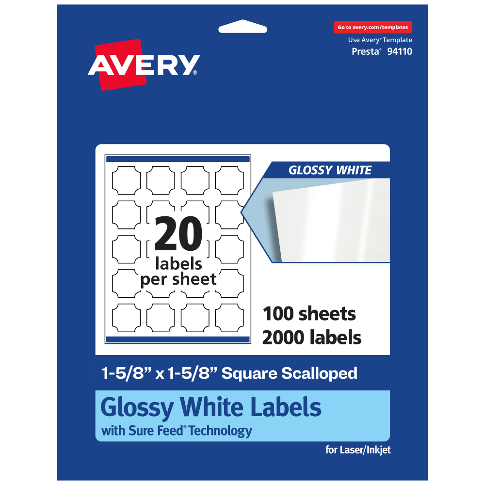 Avery Glossy Permanent Labels With Sure Feed, 94110-WGP100, Square Scalloped, 1-5/8in x 1-5/8in, White, Pack Of 2,000