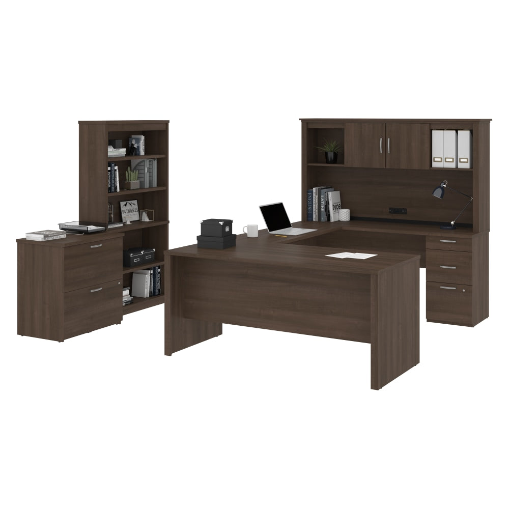 Bestar Logan U-Shaped Desk With Hutch, Lateral File Cabinet And Bookcase, Antigua