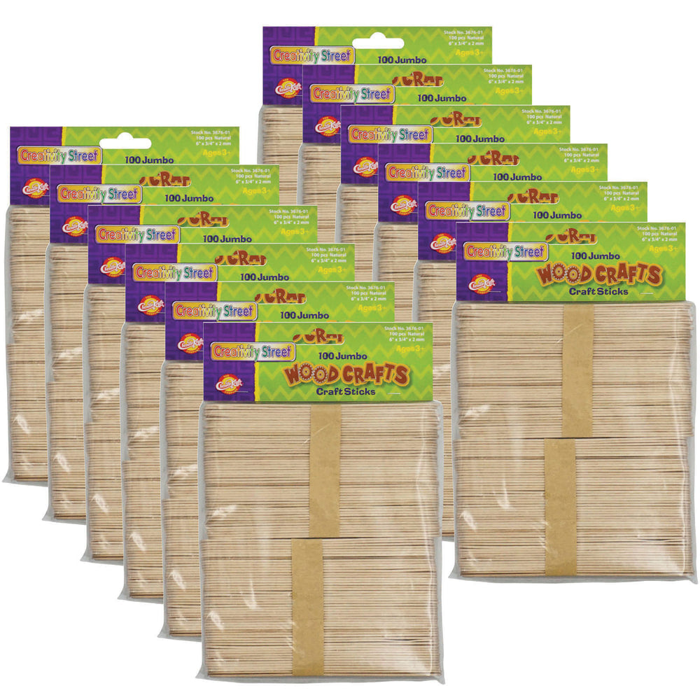 Creativity Street Jumbo Craft Sticks, 6in x 3/4in, Natural Wood, 100 Sticks Per Pack, Pack Of 12 Packs