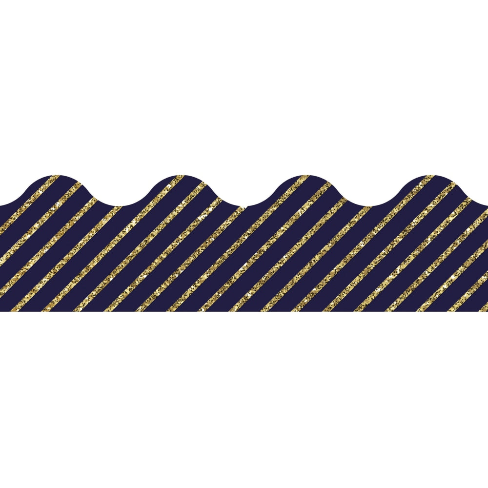 Carson-Dellosa Sparkle And Shine Scalloped Borders, 2 1/4in x 36in, Glitter Stripes, Gold/Navy, Preschool - Grade 8, Pack Of 13 Borders