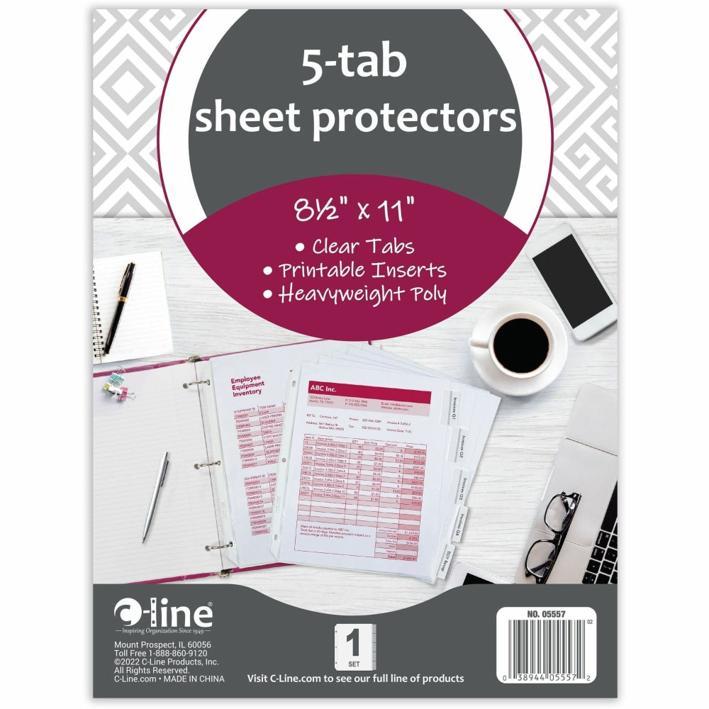 C-Line Top-Loading Sheet Protectors With Tab Inserts, 8 1/2in x 11in, 5-Tab, Clear