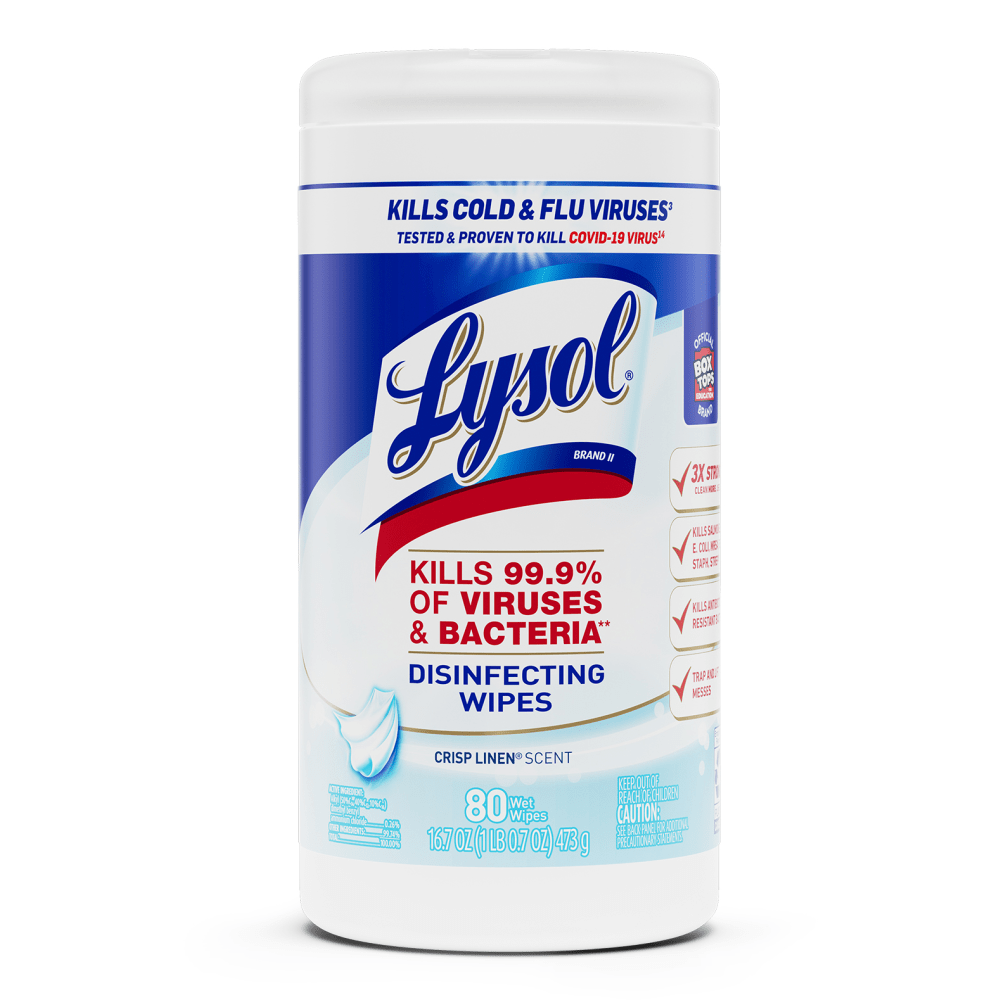 Lysol Disinfecting Wipes, Crisp Linen Scent, 8in x 8in, Canister Of 80