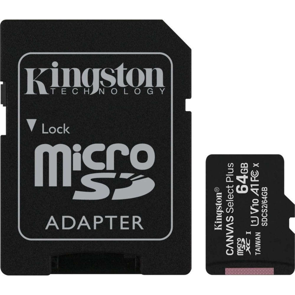 Kingston Canvas Select Plus SDCS2 64 GB Class 10/UHS-I (U1) microSDXC - 1 Pack - 100 MB/s Read - Lifetime Warranty