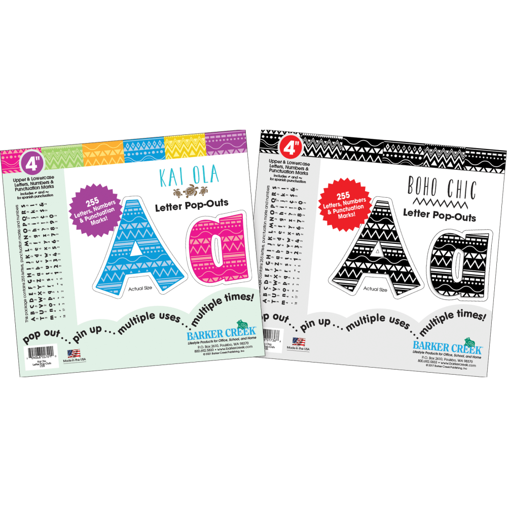 Barker Creek Letter And Number Pop Outs, 4in, Kai Ola/Boho Chic, 255 Letters And Numbers Per Pack, Set Of 2 Packs