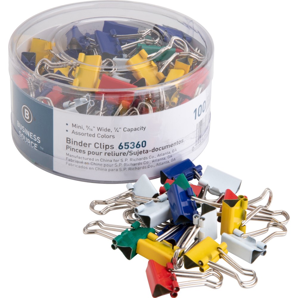 Business Source Colored Fold-back Binder Clips - Mini - 0.6in Width - 0.25in Size Capacity - 100 / Pack - Assorted - Steel