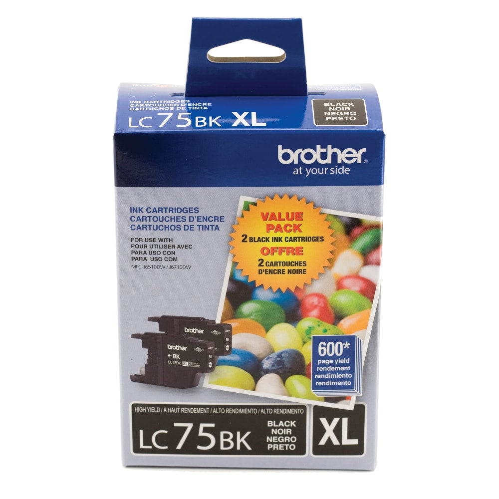 Brother LC75 Black High-Yield Ink Cartridges, Pack Of 2, LC75BK