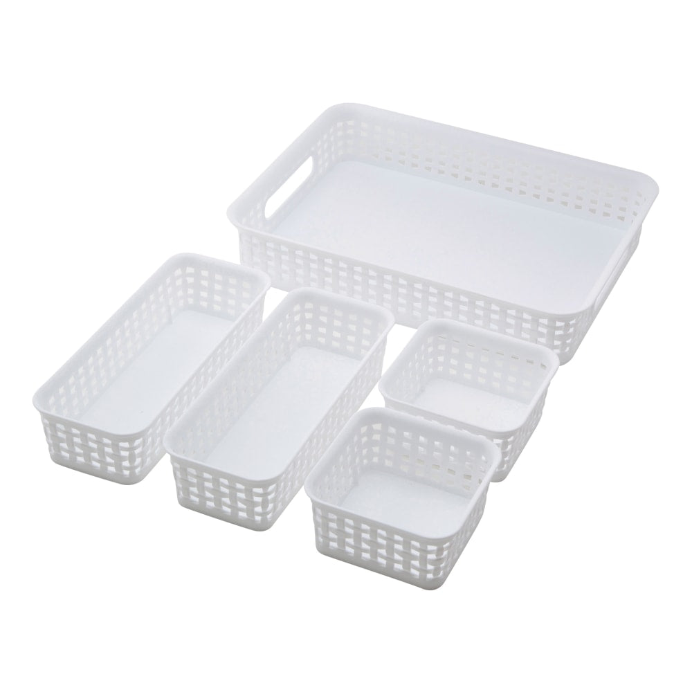 Realspace Plastic Weave Bins, Assorted Sizes, White, Pack Of 5