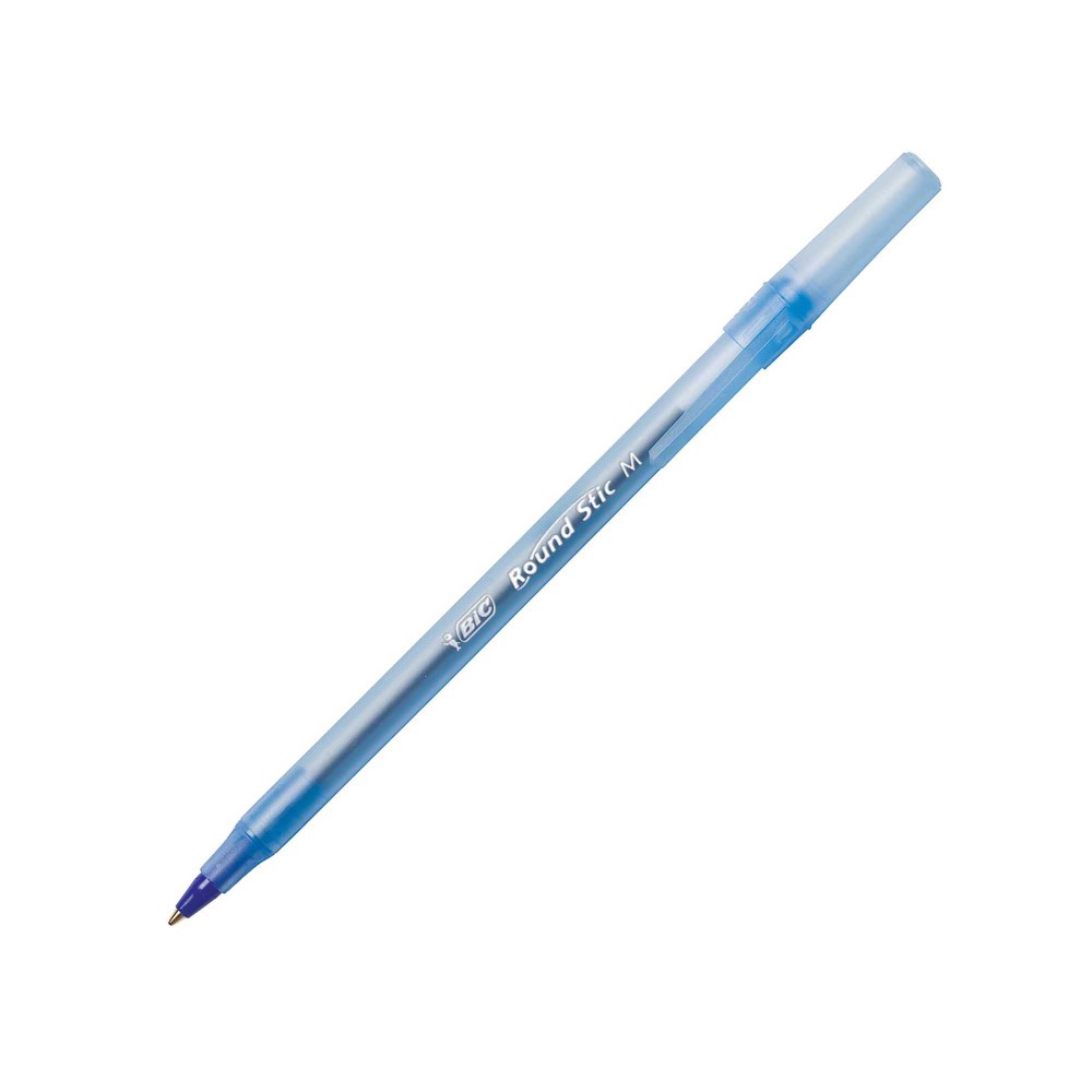 BIC Round Stic Ballpoint Pens, Medium Point, 1.0 mm, Translucent Barrel, Blue Ink, Pack Of 12