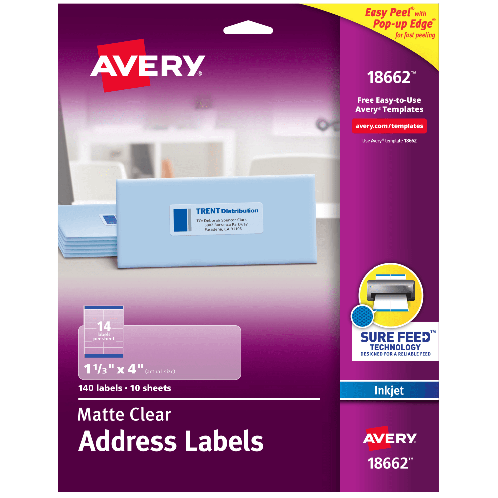 Avery Matte Address Labels With Sure Feed Technology, 18662, Rectangle, 1-1/3in x 4in, Clear, Pack Of 140