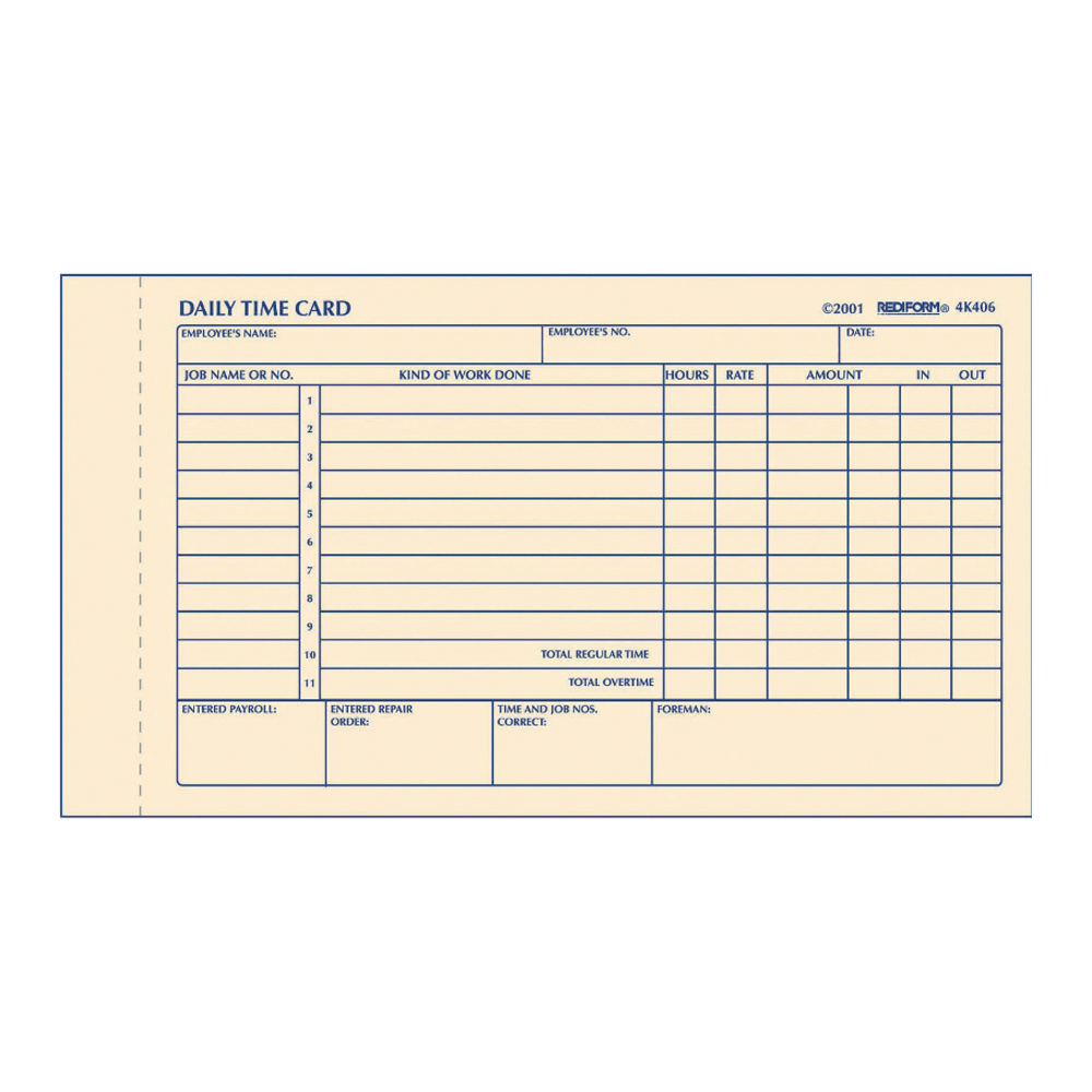 Rediform Daily Time Clock Card Pads, For Daily Time/2-Page, 4.25in x 7in, Manila, 100 Pages