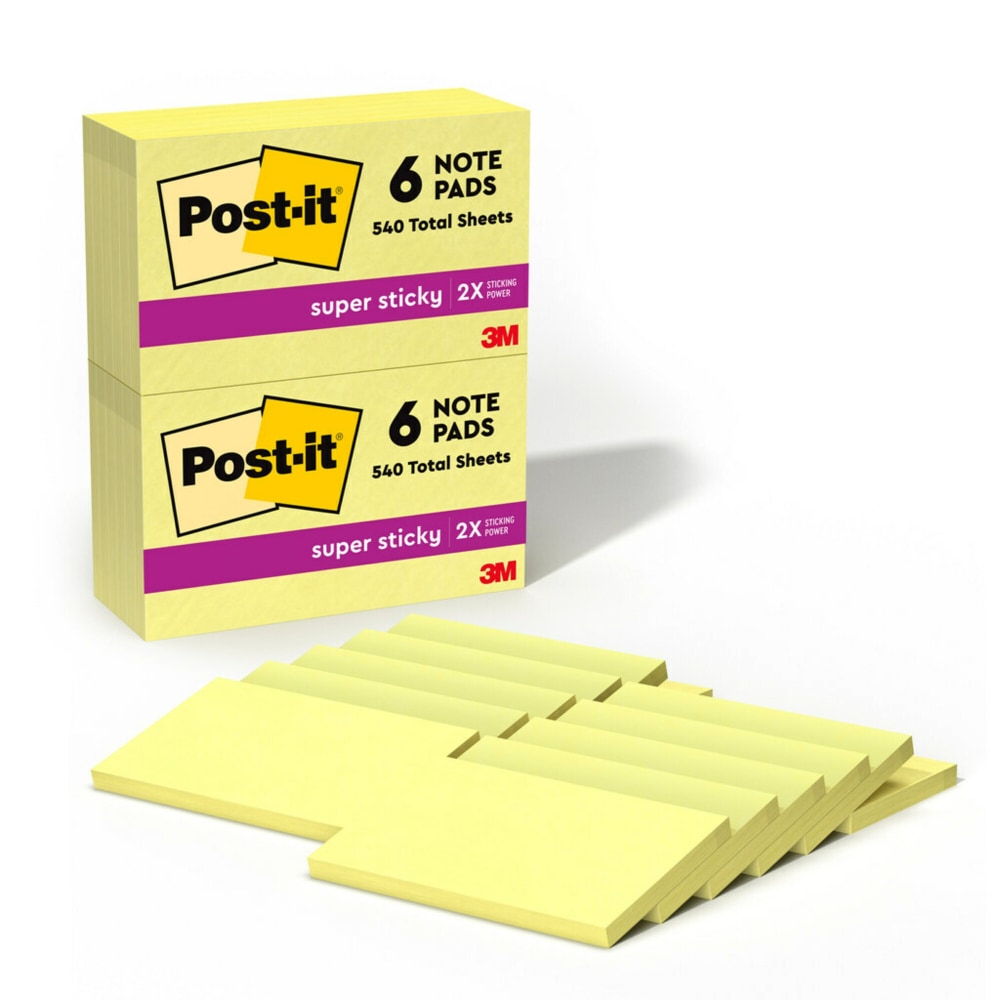 Post-it Super Sticky Notes, 3 in x 5 in, 12 Pads, 90 Sheets/Pad, 2x the Sticking Power, Canary Yellow