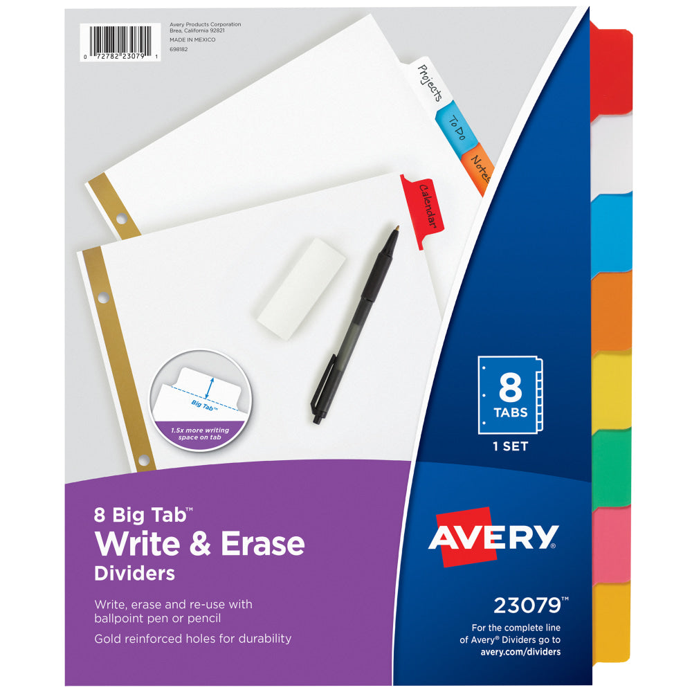 Avery Big Tab Write-On Tab Dividers With Erasable Laminated Tabs, 8-Tab, Multicolor