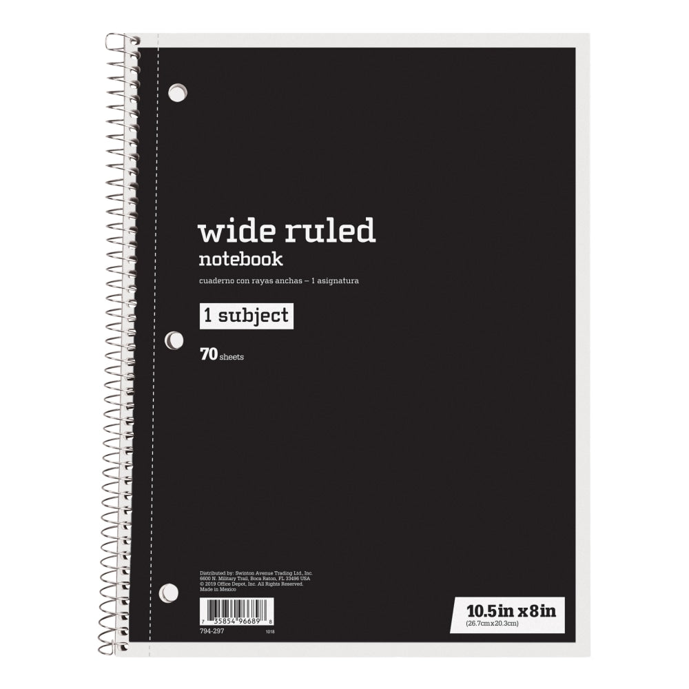 Just Basics Spiral Notebook, 8in x 10 1/2in, Wide Ruled, 70 Sheets, Black