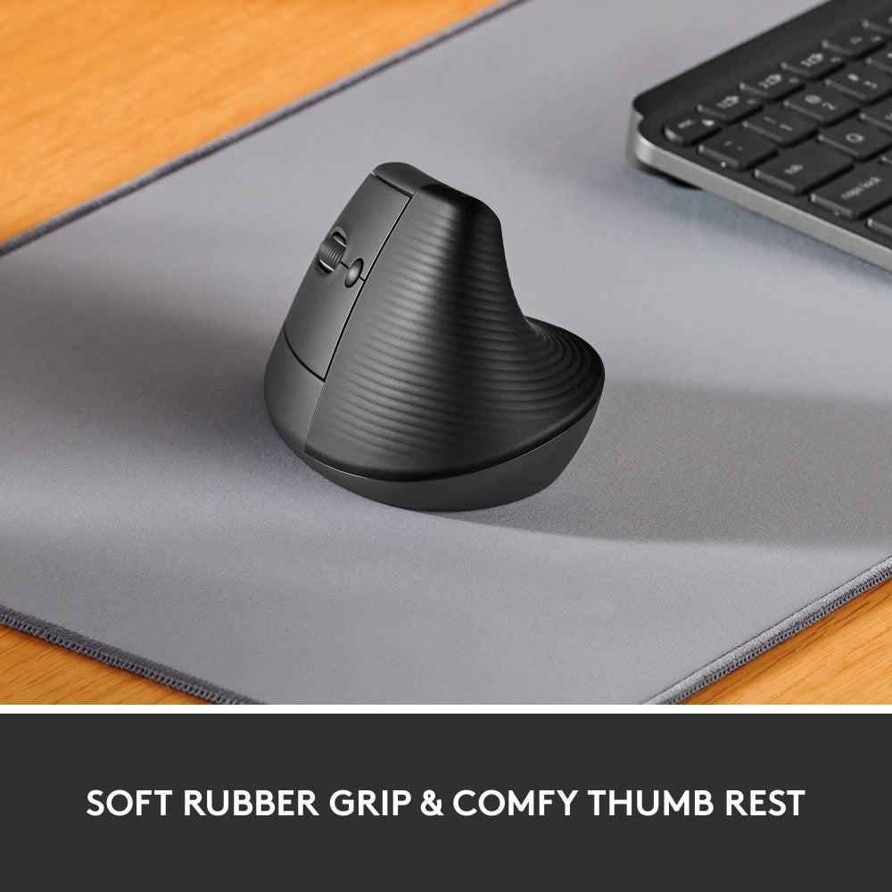 Logitech Lift Left Vertical Ergonomic Mouse (Graphite) - Optical - Wireless - Bluetooth/Radio Frequency - Graphite - USB - 4000 dpi - Scroll Wheel - 6 Button(s) - Small/Medium Hand/Palm Size - Left-handed