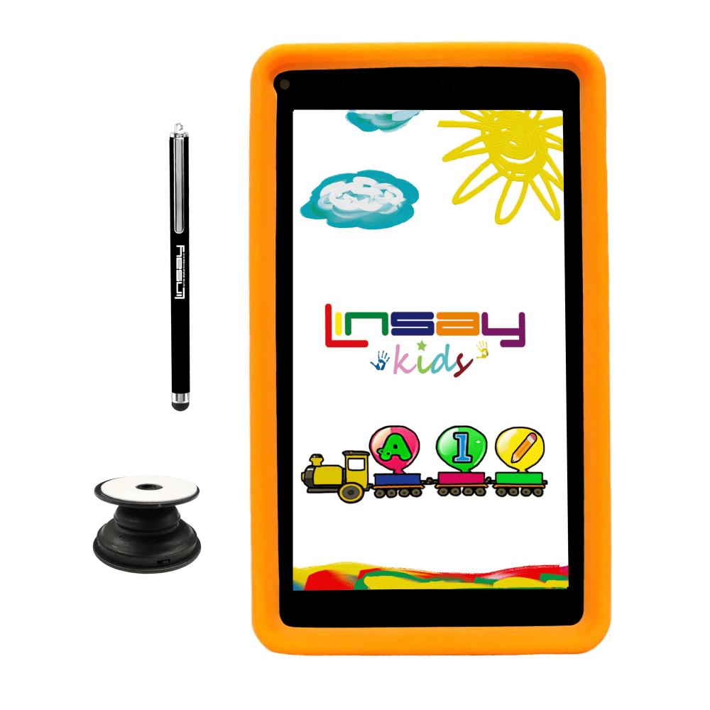 Linsay F7 Tablet, 7in Screen, 2GB Memory, 64GB Storage, Android 13, Kids Orange/Bag