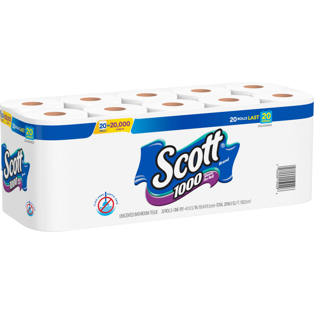 Scott 1-Ply Toilet Paper, 1000 Sheets Per Roll, Pack Of 20 Rolls