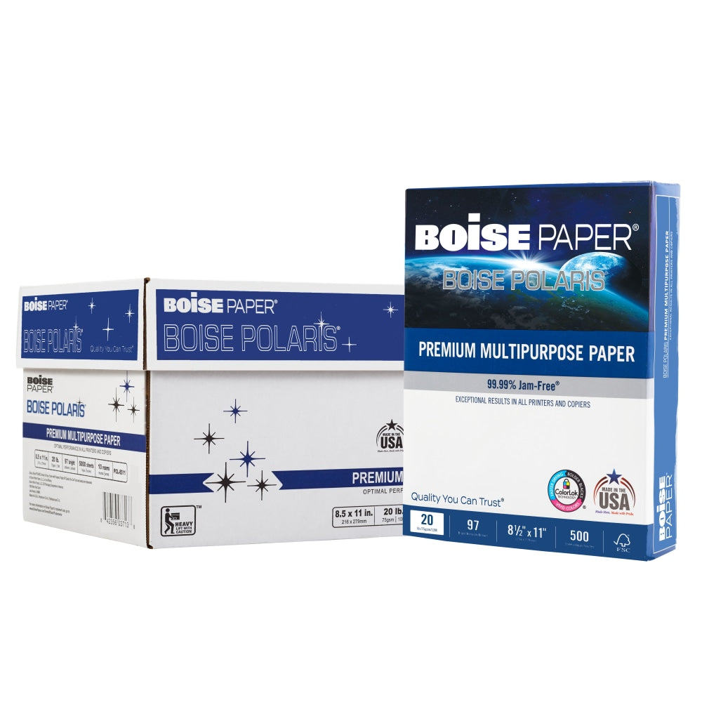 Boise POLARIS Premium Multi-Use Printer & Copy Paper, White, Letter (8.5in x 11in), 5000 Sheets Per Case, 20 Lb, 97 Brightness, FSC Certified, Case Of 10 Reams