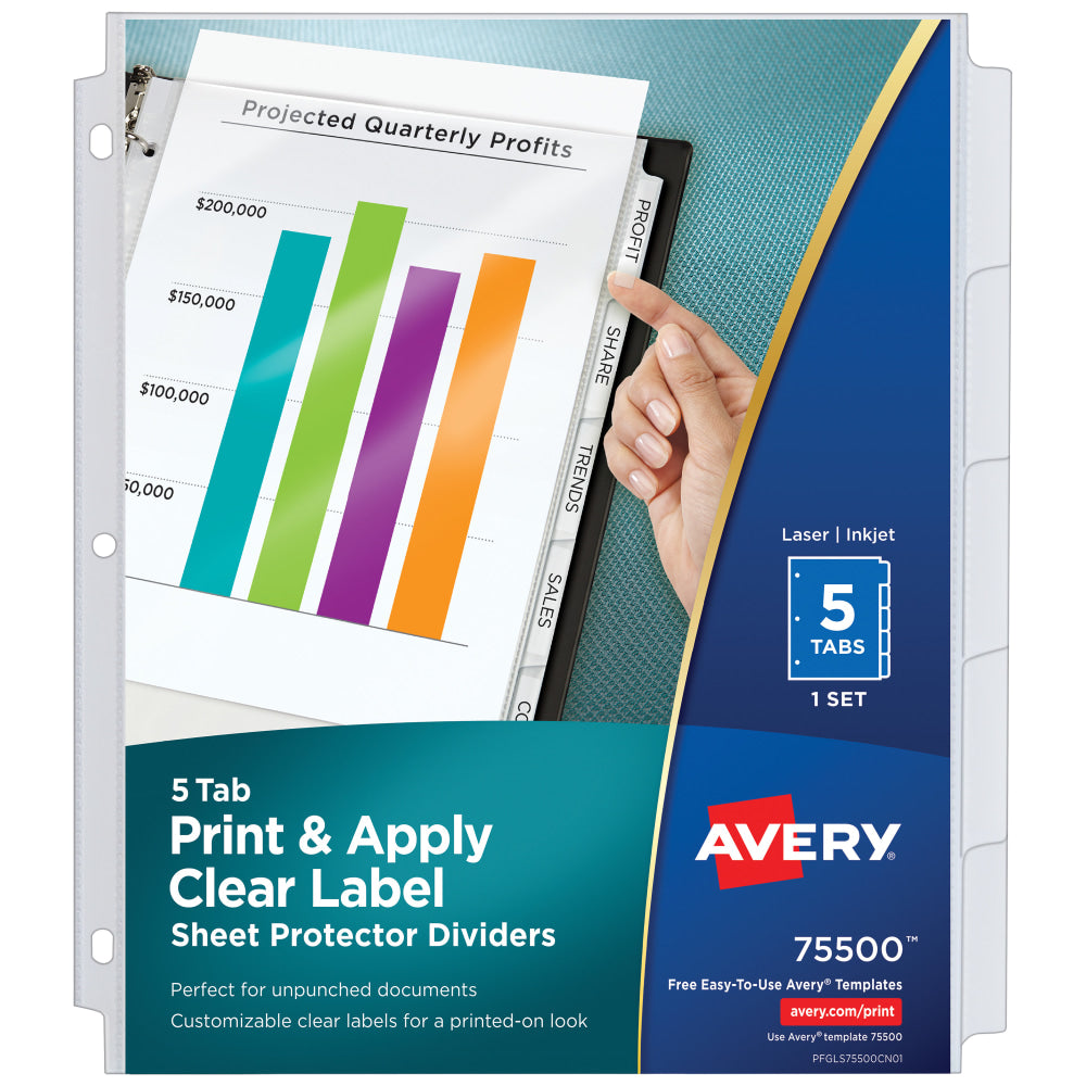 Avery Sheet Protector Dividers For 3 Ring Binders With Easy Print & Apply Index Maker Label Strip, 8-1/2in x 11in,  5 Tab, Clear With Customizable White Tabs, 1 Set