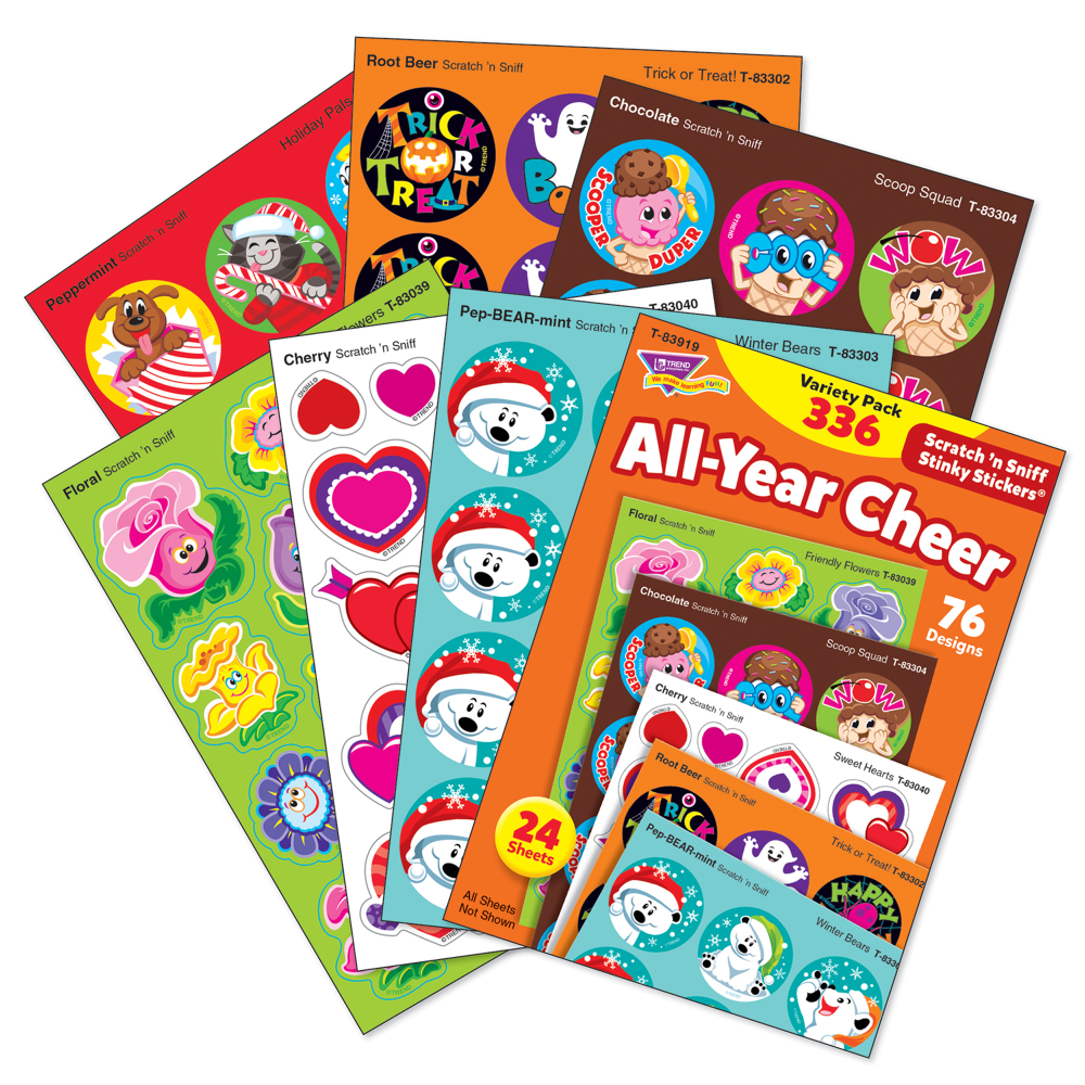 Trend Stinky Stickers, 1in, All Year Cheer, 336 Stickers Per Pack, Set Of 2 Packs