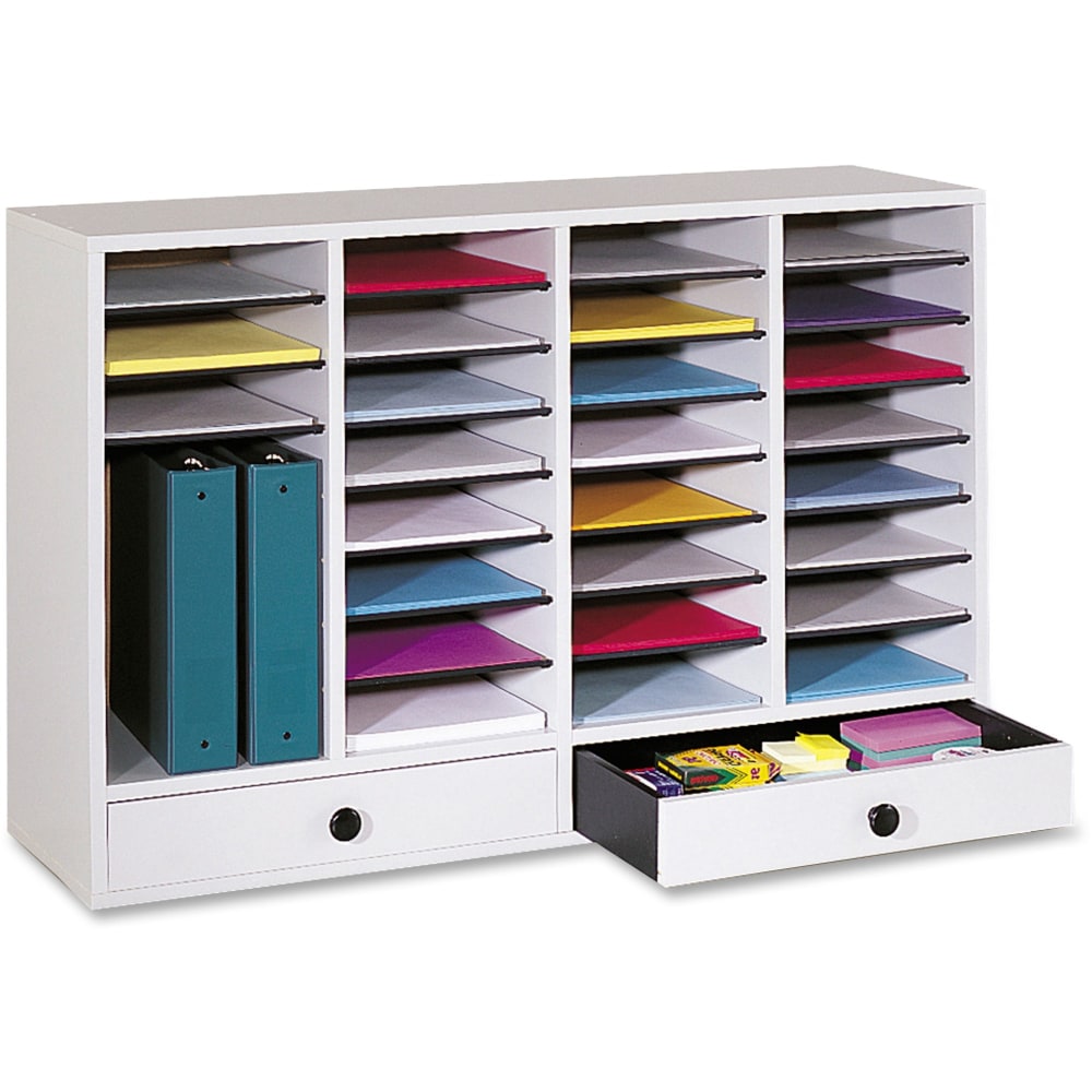 Safco Adjustable Wood Literature Organizer, 25 3/8inH x 39 3/8inW x 11 3/4inD, 32 Compartments, 2 Drawers, Gray