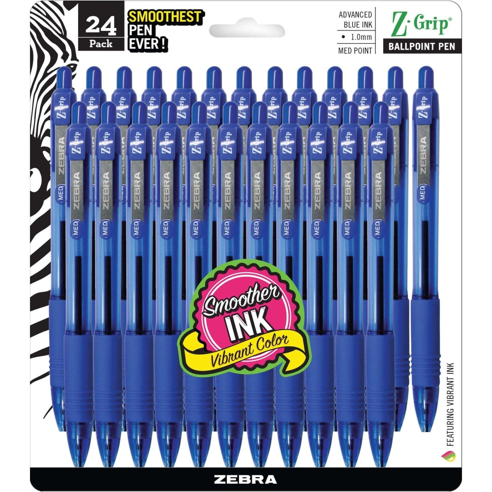 Zebra Pen Z-Grip Retractable Ballpoint Pens, Pack Of 24, Medium Point, 1.0 mm, Blue Barrel, Blue Ink