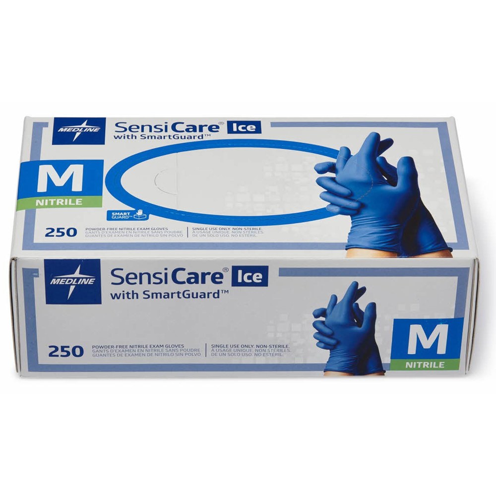 Medline SensiCare Ice Blue Nitrile Exam Gloves - Medium Size - Dark Blue - Comfortable, Chemical Resistant, Latex-free, Textured Fingertip, Non-sterile, Durable - For Medical - 250 / Box - 9.50in Glove Length