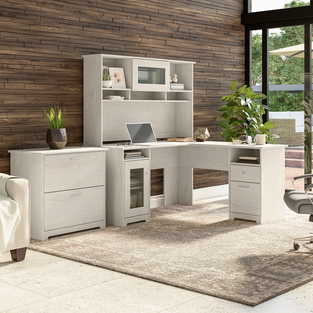 Bush Furniture Cabot 60inW L-Shaped Computer Desk With Hutch And Lateral File Cabinet, Linen White Oak, Standard Delivery