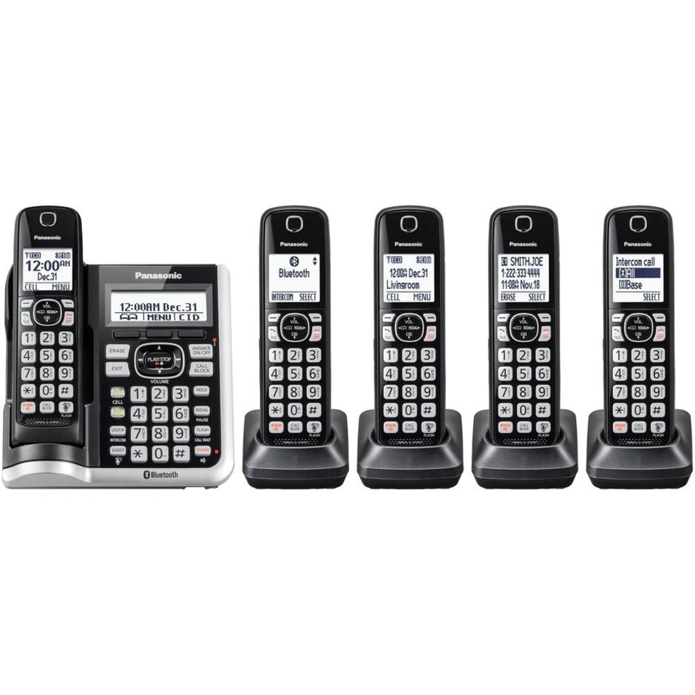 Panasonic Link2Cell DECT 6.0 Cordless Telephone With Answering Machine And Dual Keypad, 5 Handsets, KX-TGF575S