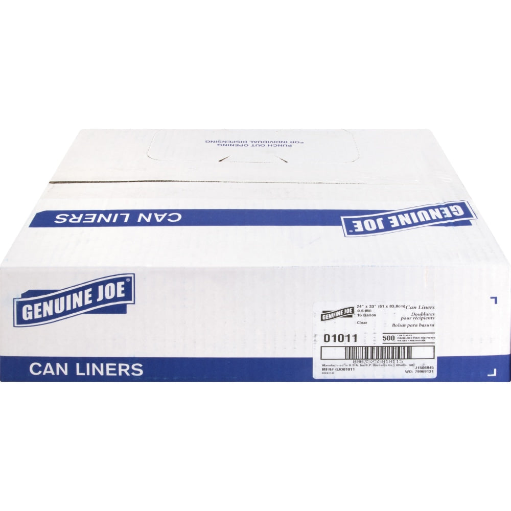 Genuine Joe Super Hexene Clear Trash Can Liners, 16 Gallons, 24in x 31in, Box Of 500