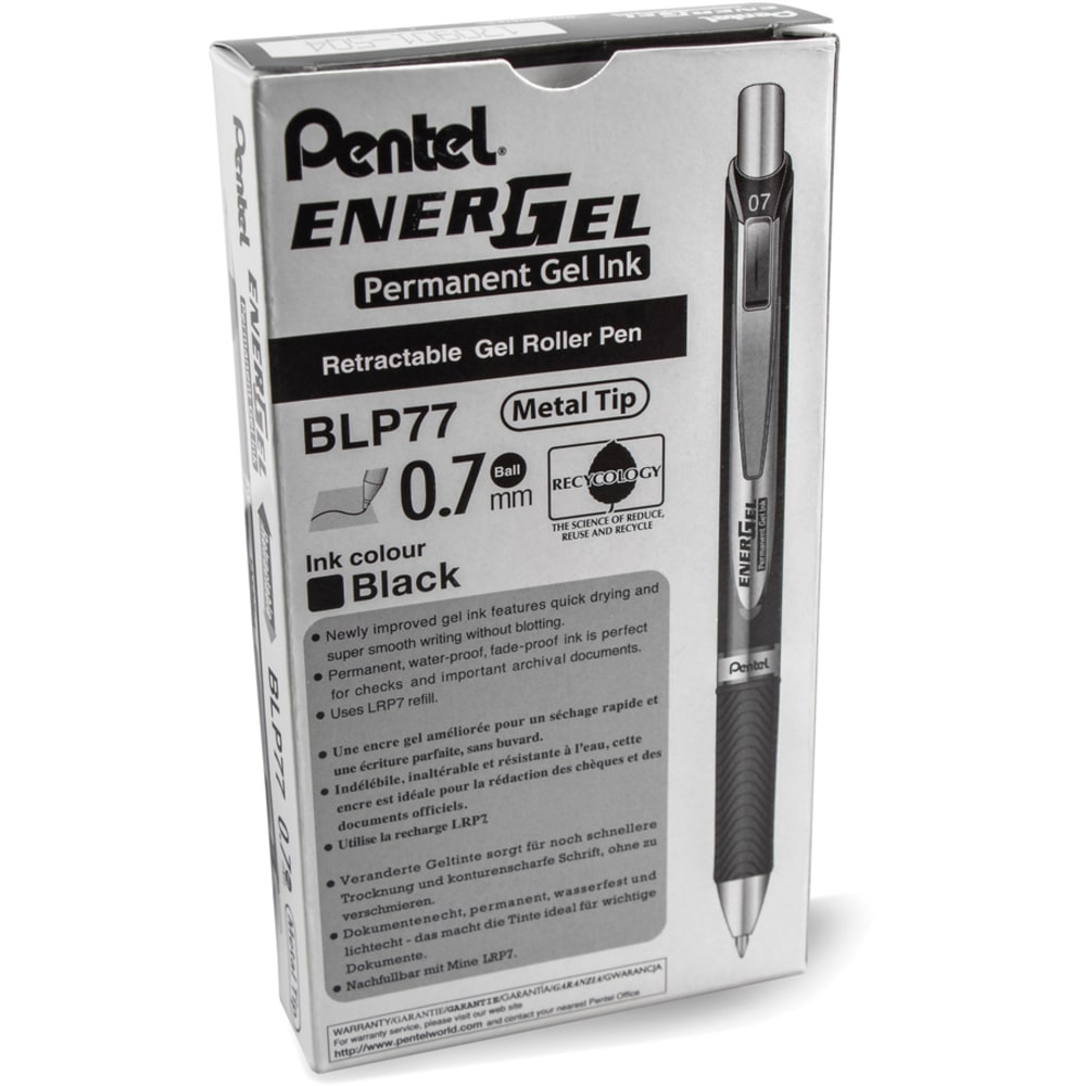 Pentel EnerGel 0.7 mm Retractable Gel Roller Pen, Medium Point, 0.7 mm, Black Barrel, Black Ink