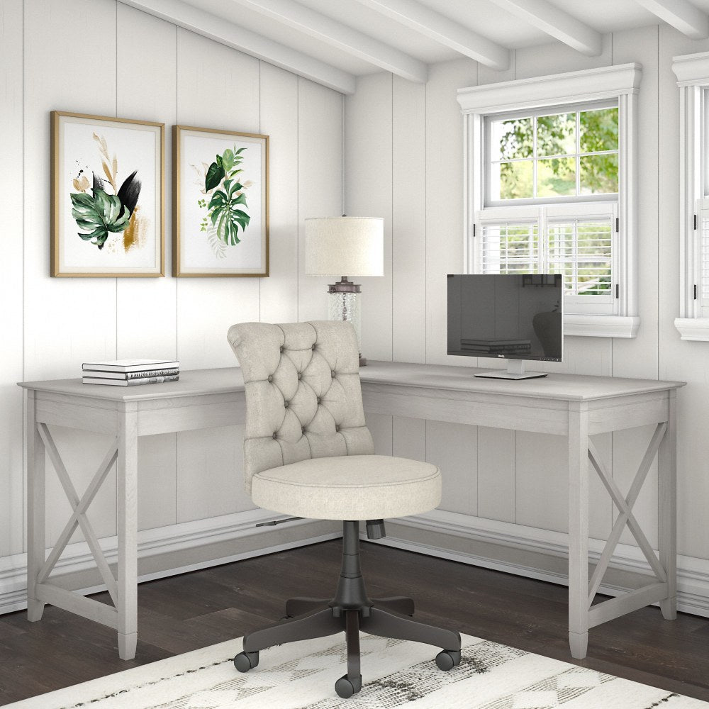 Bush Furniture Key West 60inW L-Shaped Desk With Mid-Back Tufted Office Chair, Linen White Oak, Standard Delivery