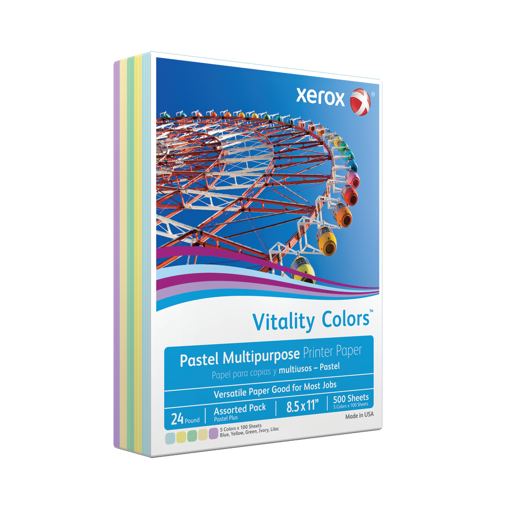 Xerox Vitality Colors Pastel Plus Color Multi-Use Printer & Copy Paper, Assorted, Letter (8.5in x 11in), 500 Sheets Per Ream, 24 Lb, 30% Recycled