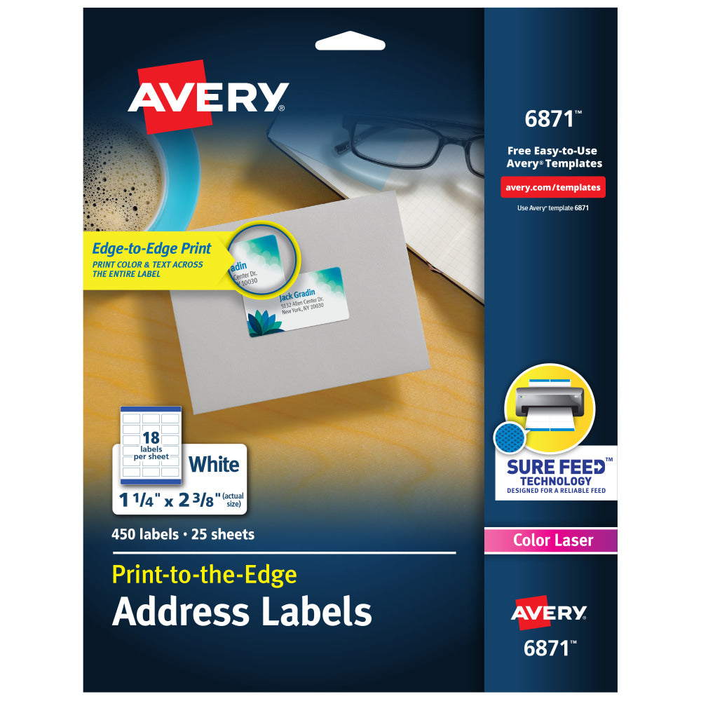 Avery Print-To-The-Edge Permanent Address Laser Labels, 6871, 1 1/4in x 2 3/8in, White, Pack Of 450