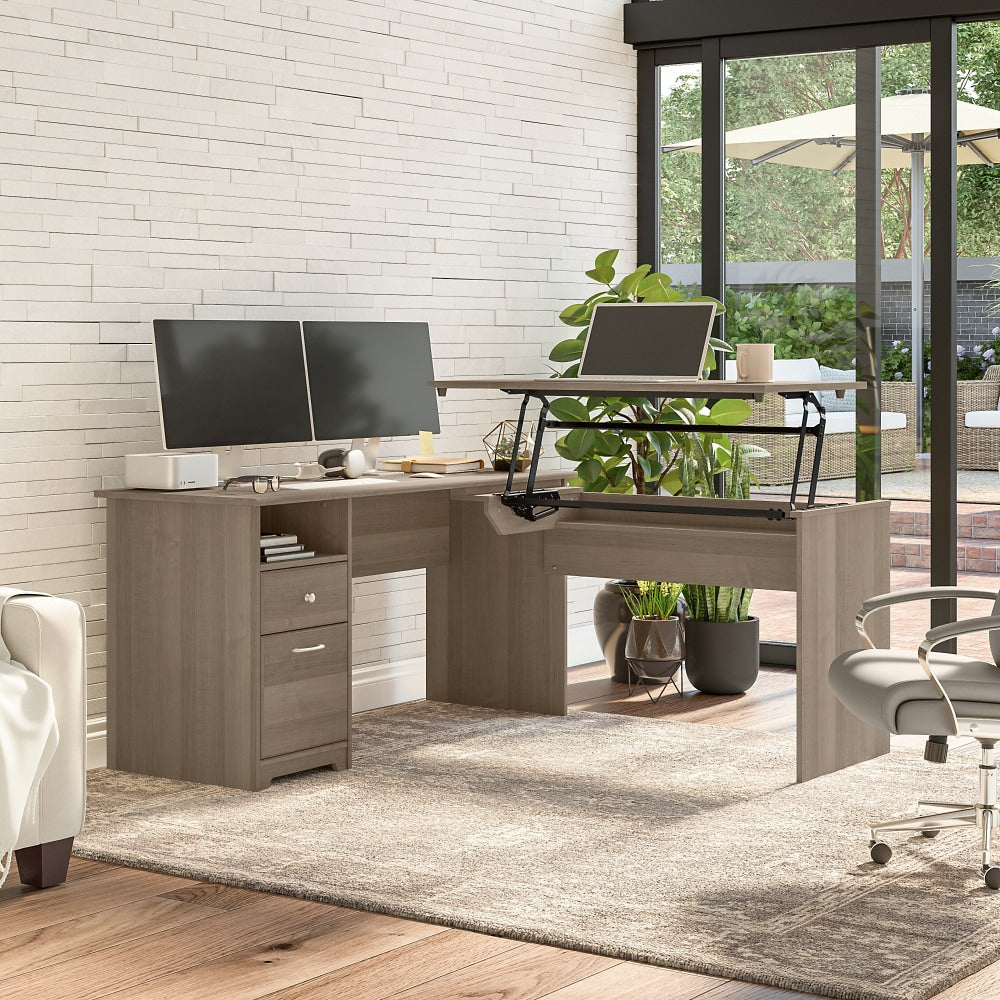 Bush Furniture Cabot 3-Position Sit-To-Stand Height-Adjustable L-Shaped Desk, 60inW, Ash Gray, Standard Delivery