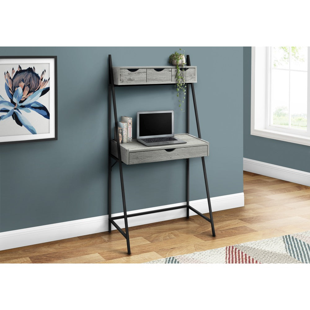 Monarch Specialties Junior 32inW Ladder Style Computer Desk With 2-TiersAnd 4 Drawers, Gray/Black