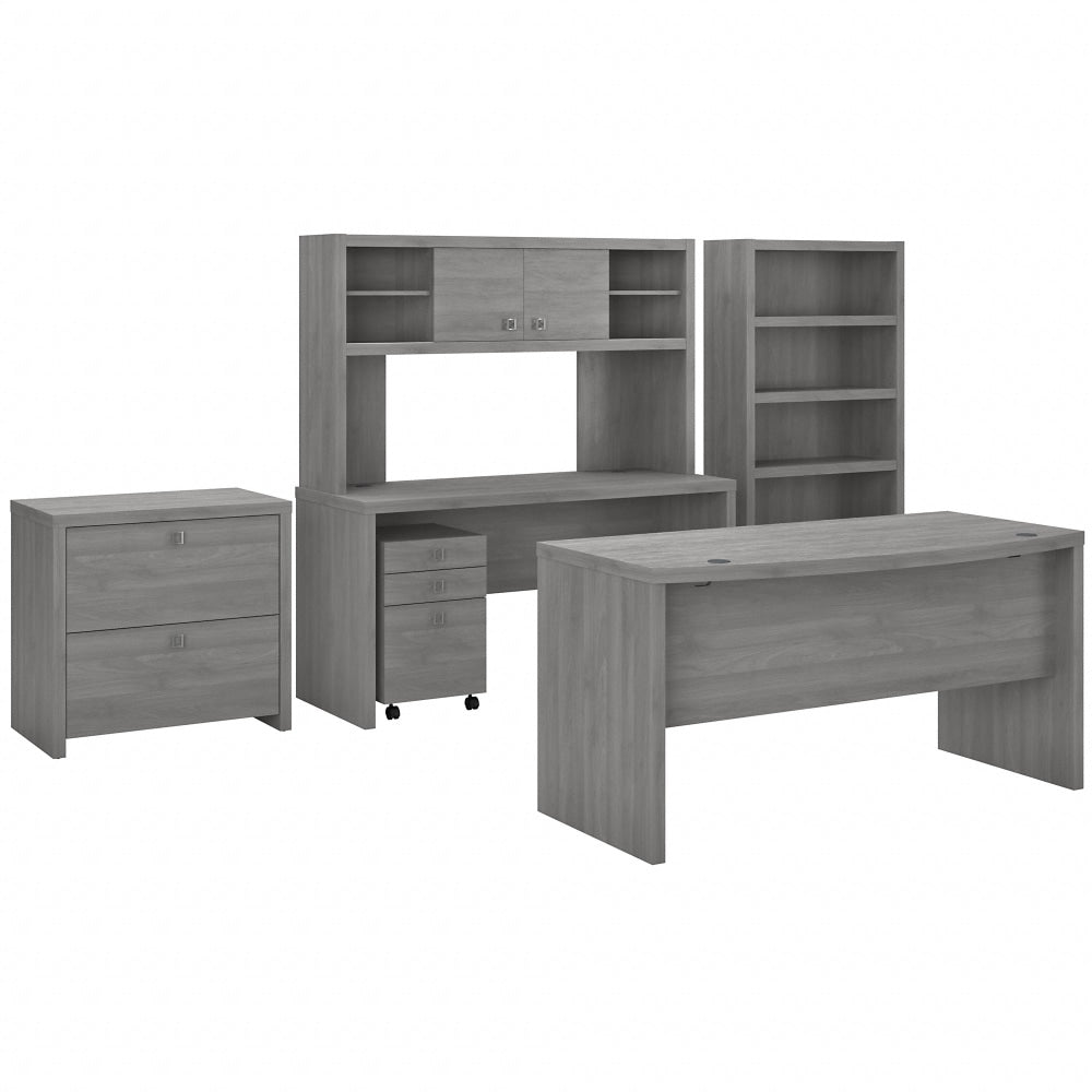 Bush Business Furniture Echo 60inW Bow-Front Computer Desk, Credenza With Hutch, Bookcase And File Cabinets, Modern Gray, Standard Delivery