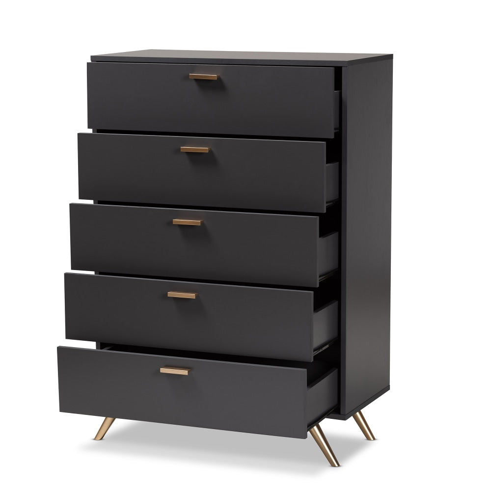 Baxton Studio Kelson 5-Drawer Chest, 46-1/8inH x 32-1/2inW x 15-3/4inD, Dark Gray/Gold