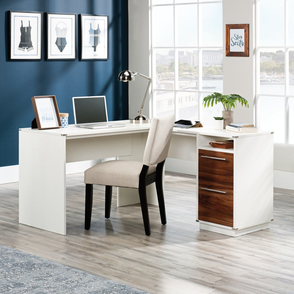 Sauder Vista Key 60inW L-Shaped Corner Desk, Pearl Oak/Blaze Acacia