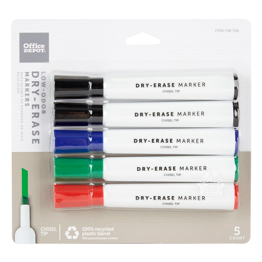 Office Depot Brand Low-Odor Dry-Erase Markers, Chisel Point, 100% Recycled Plastic Barrel, Assorted Colors, Pack Of 5