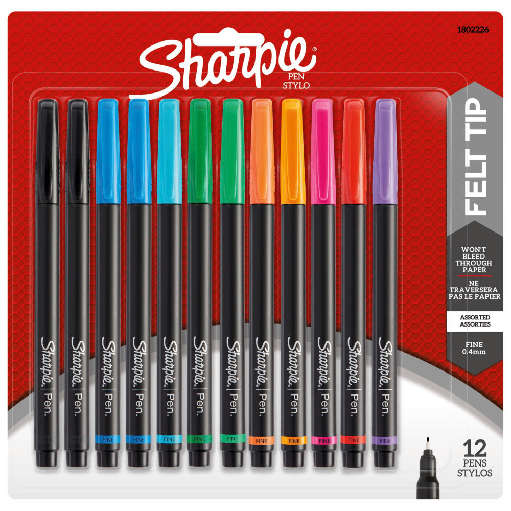 Sharpie Pens, Fine Point, 0.4 mm, Black Barrels, Assorted Ink Colors, Pack Of 12