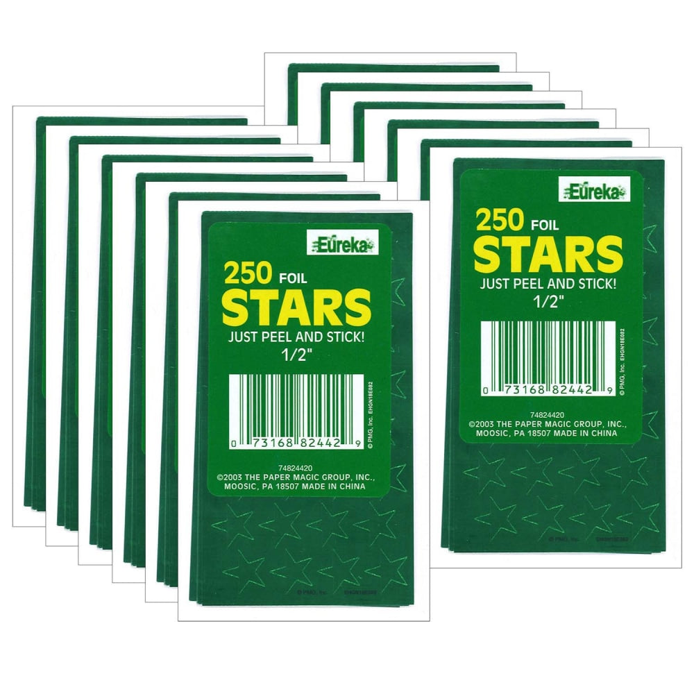 Eureka Presto-Stick Foil Star Stickers, 1/2in, Green, 250 Stickers Per Pack, Set Of 12 Packs