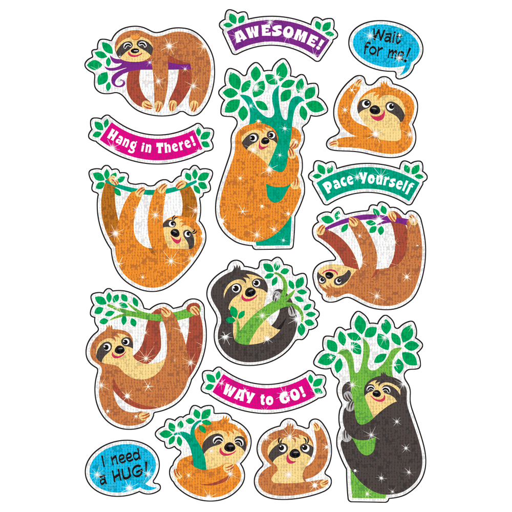 Trend Thoughtful Sloths Sparkle Stickers, Assorted Colors, 32 Stickers Per Pack, Set Of 6 Packs