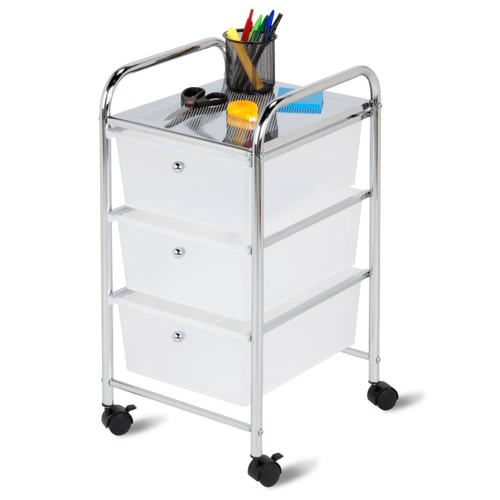 Honey-Can-Do Plastic/Steel 3-Drawer Rolling Storage Cart, 37 7/16in x 15 5/16in x 13in, White/Chrome